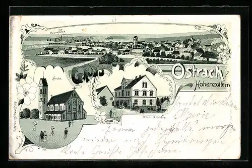 Lithographie Ostrach i. Hohenzollern, Torf-Briquetfabrik, Kirche, Schul- und Rathaus