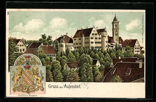 Lithographie Aulendorf, Ortsansicht, Gräfliches Wappen