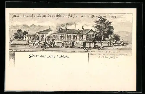 Künstler-AK Isny i. Allgäu, Bahnhof, Bauern und Beamter