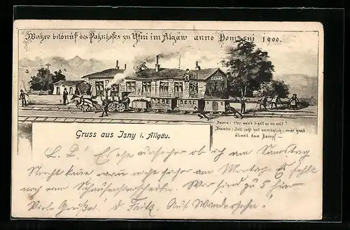 Künstler-AK Isny i. Allgäu, Bahnhof, Bauern und Beamter