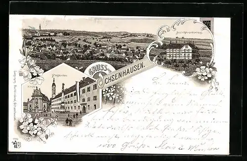 Lithographie Ochsenhausen, Fürstenbau, Kirche, Bezirkskrankenhaus