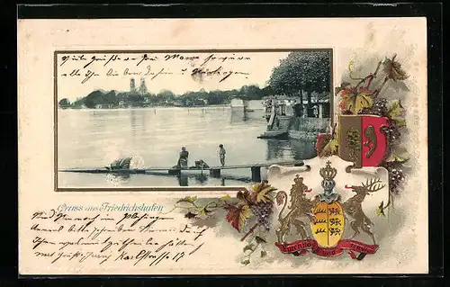 Passepartout-Lithographie Friedrichshafen, Ortsansicht mit Bodensee, Wappen