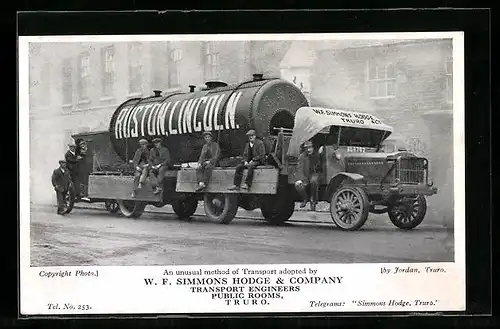 AK Truro, W. F. Simmons Hodge & company, Transport Engineers, Lastkraftwagen auf der Strasse