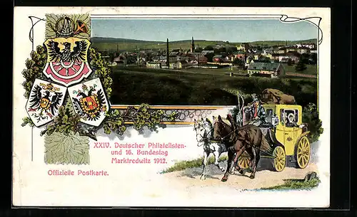 AK Marktredwitz, XXIV., Deutscher Philatelisten- und 16. Bundestag 1912, Teilansicht, Postkutsche, Wappen