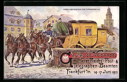 Künstler-AK Frankfurt a. M., Gautag des Verbandes mittlerer Reichs-Post- & Telegraphen-Beamten 1912, Postkutsche