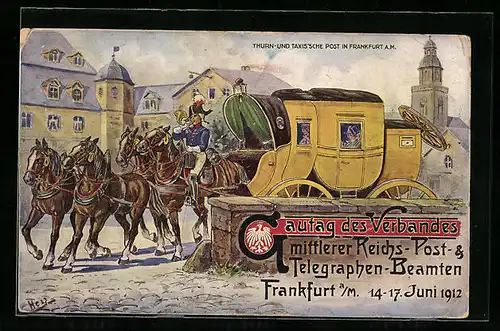 Künstler-AK Frankfurt a. M., Gautag des Verbandes mittlerer Reichs-Post- & Telegraphen-Beamten 1912, Postkutsche