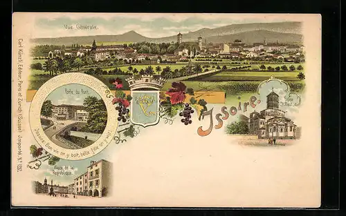 Lithographie Issoire, Vue Générale, Porte du Pont, Place de la Republique