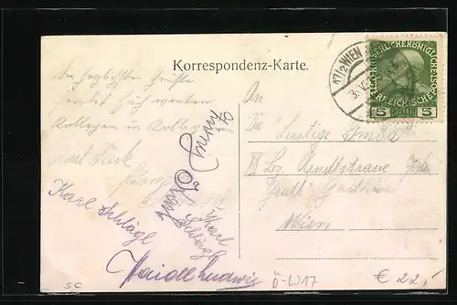 AK Wien, Anton Schwachs Heurigenschank, Dornbacherstrasse 127, Kapelle mit Strassenbahn