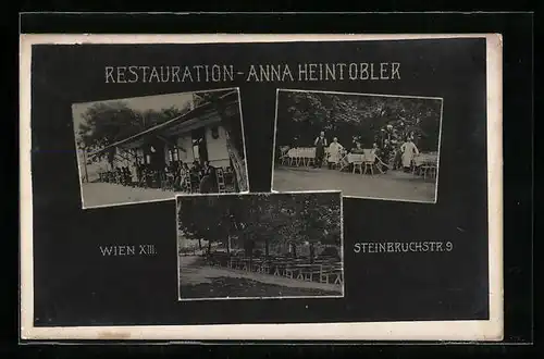 AK Wien, Gasthaus Restauration Anna Heintobler in der Steinbruchstrasse 9, mit Garten