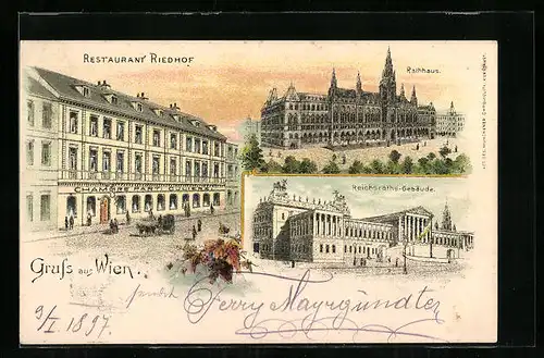 Lithographie Wien, Restaurant Riedhof, Rathaus, Reichsraths-Gebäude, Schlösselgasse 14 und Wickenburggasse 15