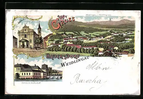 Lithographie Wien-Hadersdorf, Schloss in Hadersdorf, Weidlingau vom Mühlberg aus, Mariabrunner Wohlfahrts-Kirche