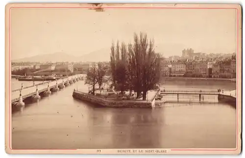 Fotografie A. Garcin, Geneve, Ansicht Geneve, Hafenpartie mit Insel und Mont-Blanc