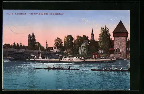AK Konstanz, Rheinbrücke und Rheintorturm, Rheindampfer Neptun