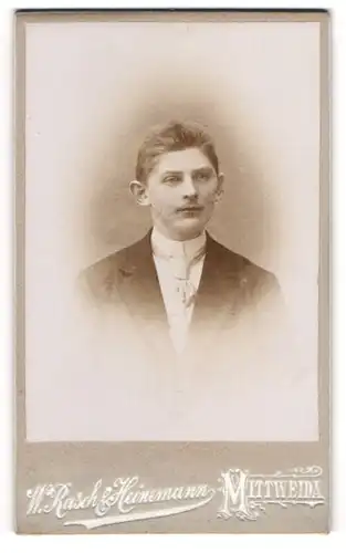 Fotografie W. Rasch & Heinemann, Mittweida, Rochlitzerstr. 210, Junger Mann im Anzug mit Krawatte