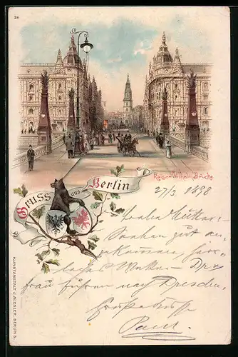Lithographie Berlin, Kaiser-Wilhelm-Brücke, Kaiser-Wilhelm-Strasse