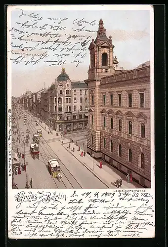 Lithographie Berlin, Leipzigerstrasse aus der Vogelschau