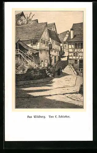 Künstler-AK Wildberg, Strassenpartie mit alten Häusern