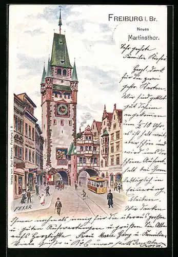 Künstler-AK Freiburg i. B., Neues Martinsthor mit Strassenbahn
