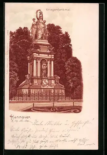 Lithographie Hannover, Blick zum Kriegerdenkmal