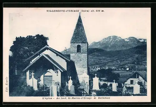 AK Villeneuve-d'Uriage, L'eglise - Au fond, St-Martin-d'Uriage et Belledone