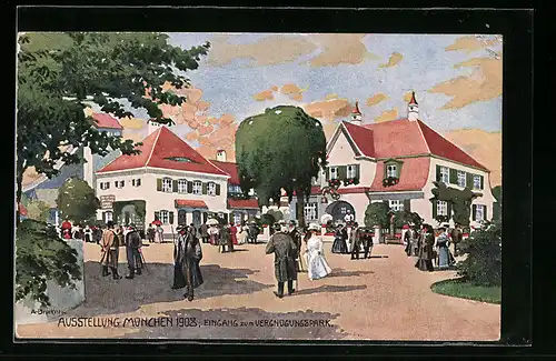 Künstler-AK München, Ausstellung 1908, Eingang zum Vergnügungspark, Ganzsache Bayern