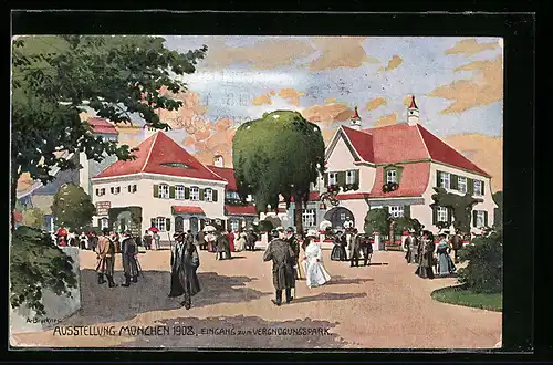 Künstler-AK München, Ausstellung 1908, Eingang zum Vergnügungspark, Ganzsache Bayern