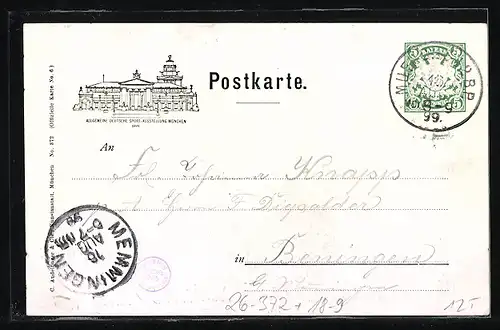 Künstler-AK Ernst Platz: München, Allgemeine Deutsche Sport-Ausstellung 1899, Münchner Kindl mit Bergsteiger, Ganzsache