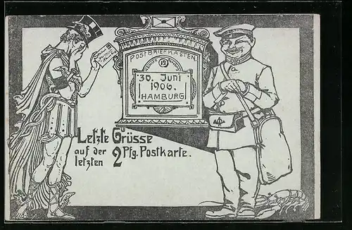 Künstler-AK Hamburg, Letzte Grüsse auf der letzten 2 Pfg. Postkarte, 1906, Ganzsache