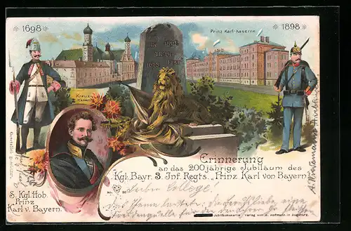 Lithographie Augsburg, Kreuz-Kaserne, Prinz Karl-Kaserne, 200 jähriges Jubiläum des Kgl. Bayr. 3. Inf. Regts.