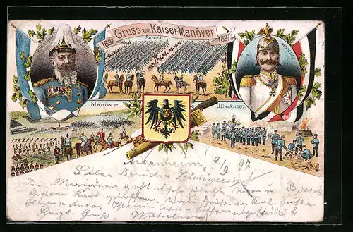 Lithographie Kaisermanöver 1897, Parade, Manöver, Biwakscherz, Prinzregent von Bayern, Wilhelm II.