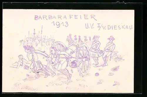 AK Dieskau, Barbarafeier 1913, Soldaten mit Artillerie-Kanone