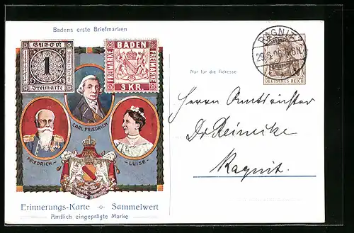 AK Badens erste Briefmarken, 100jähriges Bestehen des Grossherzogtums, Portraits, Ganzsache