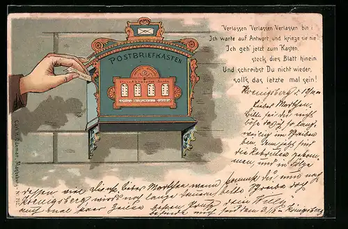 Lithographie Einwurf eines winzigen Briefes in den Briefkasten