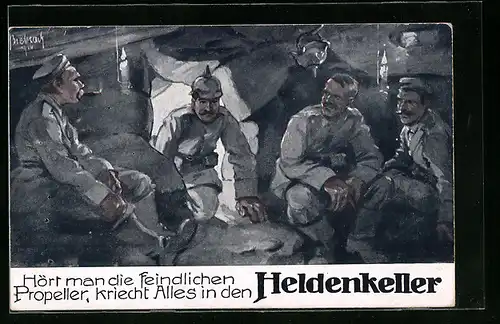 Künstler-AK sign. Biebrach: Soldaten im Heldenkeller