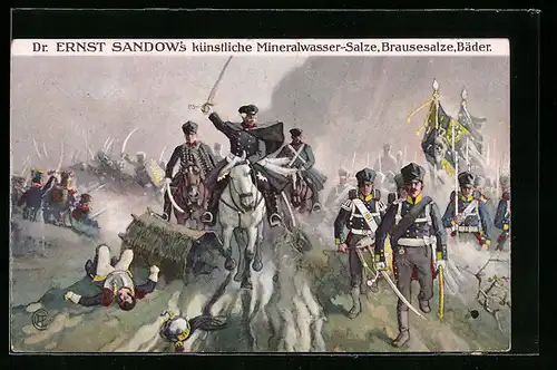 AK Völkerschlacht 1813, Blüchers Sieg an der Katzbach, Reklame Dr. Ernst Sandows Mineralwasser-Salze