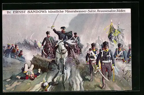 AK Völkerschlacht 1813, General Blüchers Sieg an der Katzbach, Reklame Dr. Ernst Sandows Mineralwasser-Salze