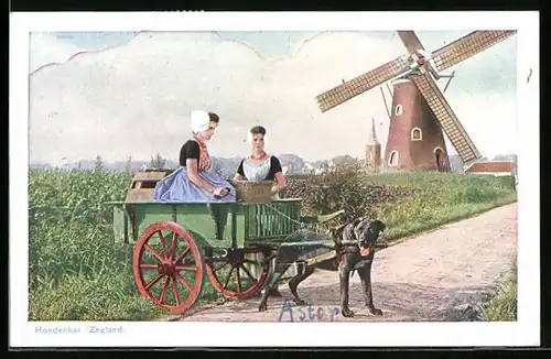 AK Zeeland, Bäuerinnen in Tracht mit Hundegespann vor Windmühle