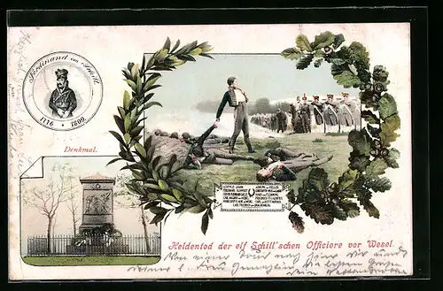 AK Heldentod der elf Schillschen Offiziere vor Wesel, Denkmal