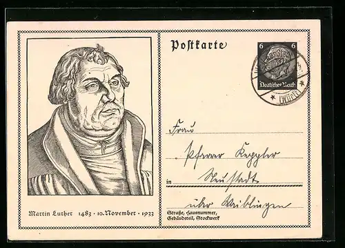Künstler-AK Portrait Martin Luther, Gedenkkarte 1933, Ganzsache