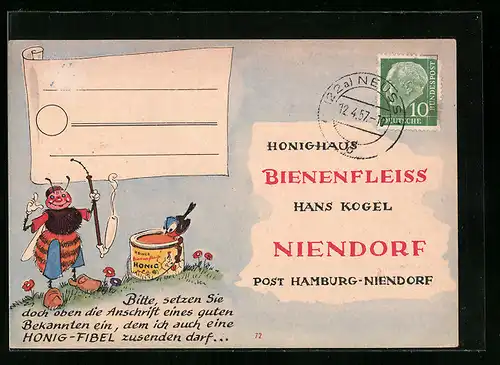 AK Hamburg-Niendorf, Imkerei Bienenfleiss von Hans Kogel, Biene raucht Pfeife, Bestellkarte