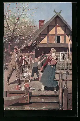 Künstler-AK sign. C. Röchling: Ankunft im Heimatsurlaub