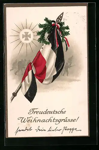 AK Fahne mit Zweigen und Fahnenband, Im Hintergrund Soldaten, Weihnachtsgruss