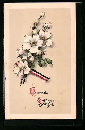 Präge-AK Kätzchenzweig mit Blüten und Fahnenband, Ostergruss