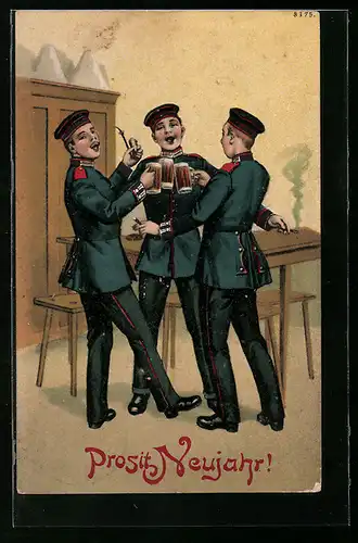 AK Drei Soldaten rauchen und trinken Bier, Neujahrsgruss