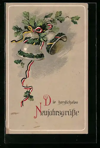 AK Eichenzweig mit Glocken und Fahnenbändern, Neujahrsgruss