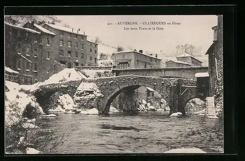 AK Olliergues, Auvergne, Les deux Ponts et la Dore en Hiver