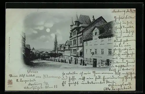 Mondschein-AK Marburg, Strassenpartie mit Kirche