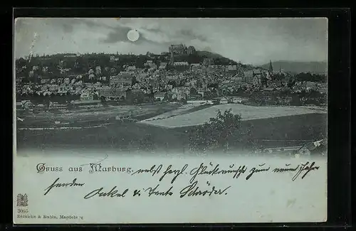 Mondschein-AK Marburg, Panorama der Stadt