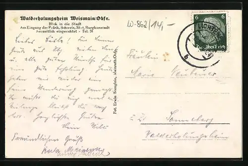 AK Weismain /Ofr., Walderholungsheim mit Blick auf den Ort durchs Fenster