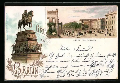 Lithographie Berlin, Unter den Linden, Denkmal